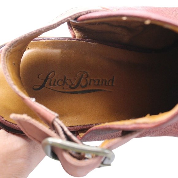 Lucky Brand Sz 6M Odenah Leather Red Rust Block Heels Bootie Peep Toe Sling Back - Picture 6 of 9